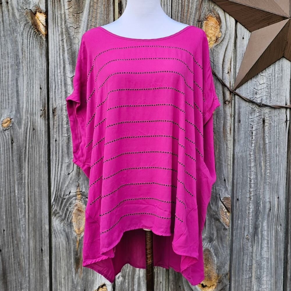 Pink Sequin Blouse Lane Bryant Plus Size 22/24 Dolman Sleeve Hi Low Georgette